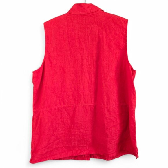 Womens Sleeveless Red Linen Button-Up Tunic Shirt With Pockets - Picture 3 of 8